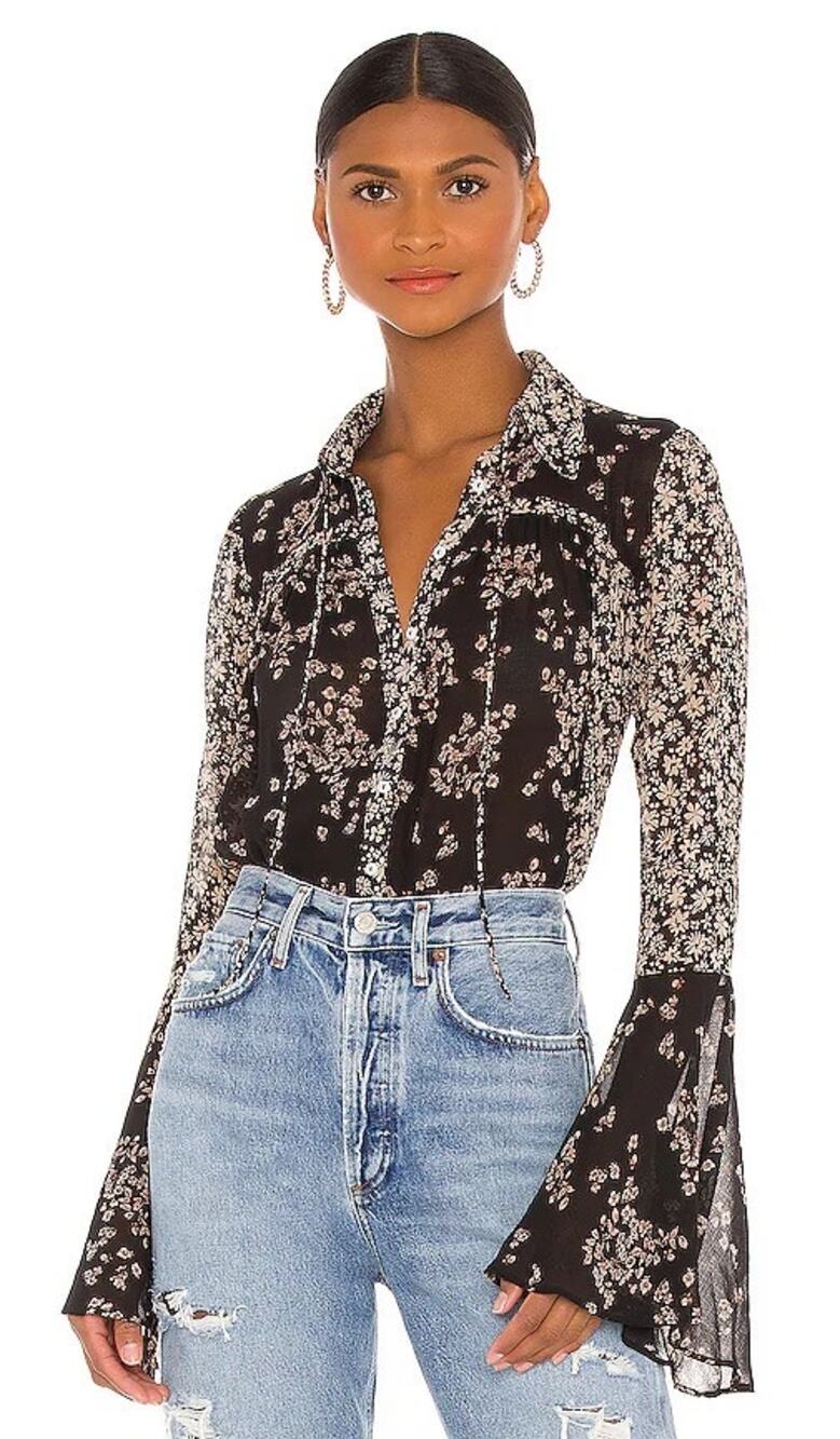 Free People Black Tan Floral Whimsygoth Sheer Button Down Blouse Women's Medium